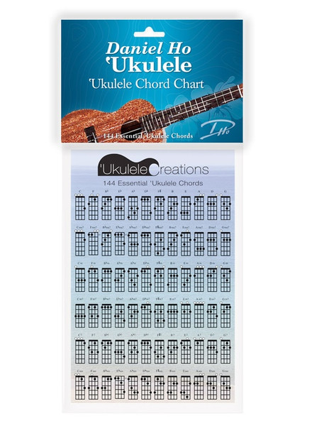 Daniel Ho Ukulele Chord Chart, two-sided glossy reference card featuring 144 ukulele chords with Napili Beach artwork in day and sunset tones.