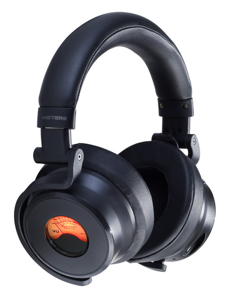 Meters M-0V1-B Pro Black over-ear headphones featuring VU meter displays on each earcup, matte black finish, aluminium components, plush earpads and included protective carry case.