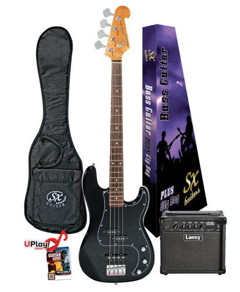 SX 4/4 PJ Bass Guitar Pack in black with bass guitar, Laney 15W bass amp, gig bag and accessories displayed.