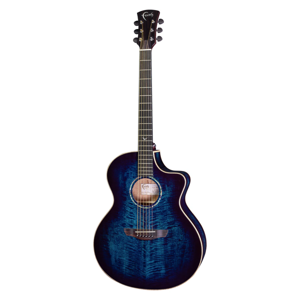 Faith Neptune Blue Moon acoustic-electric guitar featuring all-solid Mango construction, Blue Moon burst finish, cutaway body, flamed maple binding, Ebony fittings and Fishman INK3 electronics. Includes woodshell hardcase.