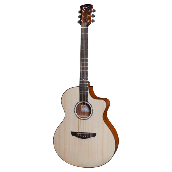 Faith Neptune Natural acoustic-electric guitar featuring solid Engelmann spruce top, solid mahogany back and sides, Baby-Jumbo cutaway body, rosewood binding, Ebony fingerboard and Fishman INK3 electronics. Includes plush-lined hardcase.