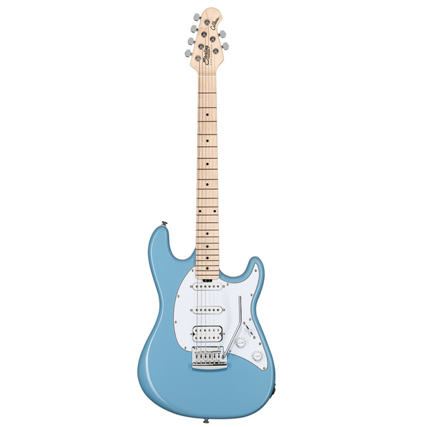 Sterling by Music Man Cutlass CT30 HSS electric guitar in Chopper Blue featuring HSS pickup configuration, maple fingerboard, fulcrum tremolo bridge and 4+2 headstock.