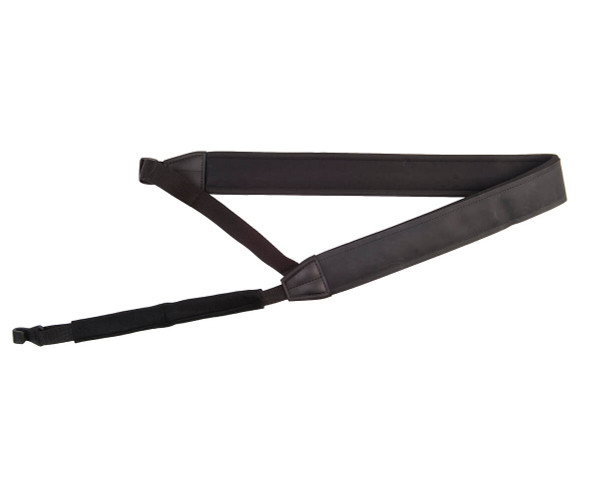 Neotech Slimline Classical Guitar Strap shown in cross-chest configuration with neoprene padding, adjustable webbing and felt-lined hook.