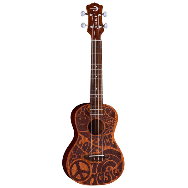 Luna Love Music Peace Concert Ukulele w/ Gig Bag
A tribute to the 1960s—groovy looks, warm mahogany tone, and a message of peace in every chord.
The Luna Love Music Peace Concert Ukulele celebrates the golden era of the 1960s—a time when music became a powerful voice for unity, compassion and cultural change. Laser-etched graphics featuring symbols of peace, love and music bring that spirit to life on an eastern mahogany body, giving the instrument both nostalgic personality and reliable build quality.
With its concert-sized projection, warm tone and lightweight feel, this uke is perfect for beginners, casual players and anyone who wants an instrument with meaning and character. A padded gig bag is included for protection and portability.
FEATURES
’60s-Inspired Laser Etching: Peace, love and music motifs engraved into the top for authentic retro flair.
Eastern Mahogany Construction: Warm, resonant tone with strong midrange presence.
Concert Body Size: Fuller projection and comfortable playability for all skill levels.
Mahogany Neck & Smooth Fingerboard: Stable, reliable feel for easy fretting and strumming.
Lightweight & Travel-Ready: Ideal for rehearsals, songwriting or playing on the go.
Gig Bag Included: Offers practical protection and effortless portability.
Why You’ll Love It
Captures the timeless energy and optimism of the 1960s
Delivers impressive tone and comfort at an accessible price
Eye-catching design that’s fun, expressive and personal
Perfect for beginners, seasoned players or as a meaningful gift