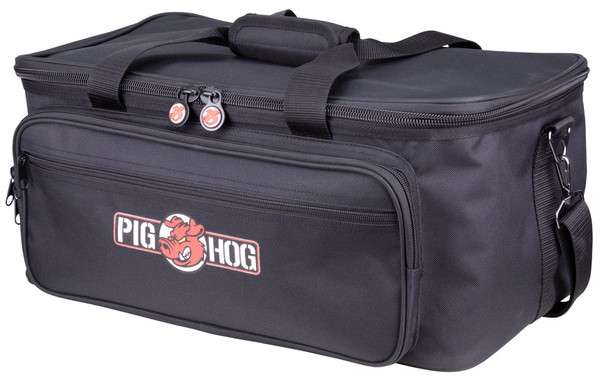 Pig Hog Cable Organiser Bag made from durable 600D polyester, featuring twelve internal cable compartments, reinforced base, padded webbing handles, removable shoulder strap, and front organiser pocket.