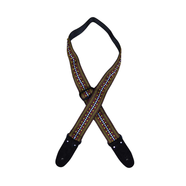 Colonial Leather Jacquard Rag Guitar Strap RSJ-05 in brown, featuring woven jacquard fabric on 50mm webbing, double suede backing, genuine leather ends, and adjustable slide hardware.