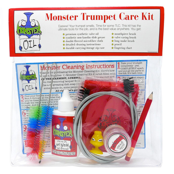 Monster Oil Super Trumpet Care Kit with valve oil, slide grease, cleaning brushes, polishing cloth, fingering chart, and durable carry case for complete trumpet maintenance.