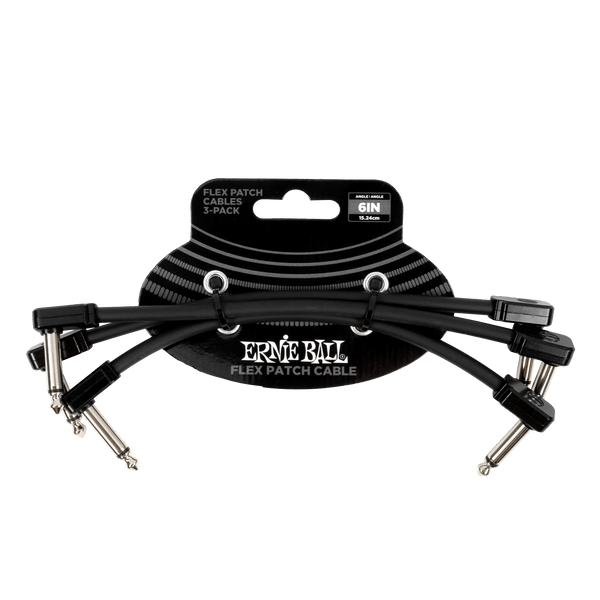 Ernie Ball Flex Patch 6-inch black pedal patch cables with low-profile right-angle connectors, shown coiled to highlight flexible design and compact connectors.