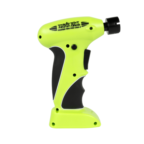 Ernie Ball Power Peg Pro USB-C rechargeable electric string winder with ergonomic grip and universal tuning machine head, shown with USB-C charging cable on whtie background.