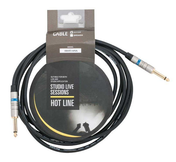 Hot Line guitar cable with straight jack plugs on both ends, shown as a black 10ft instrument lead with metal connectors.