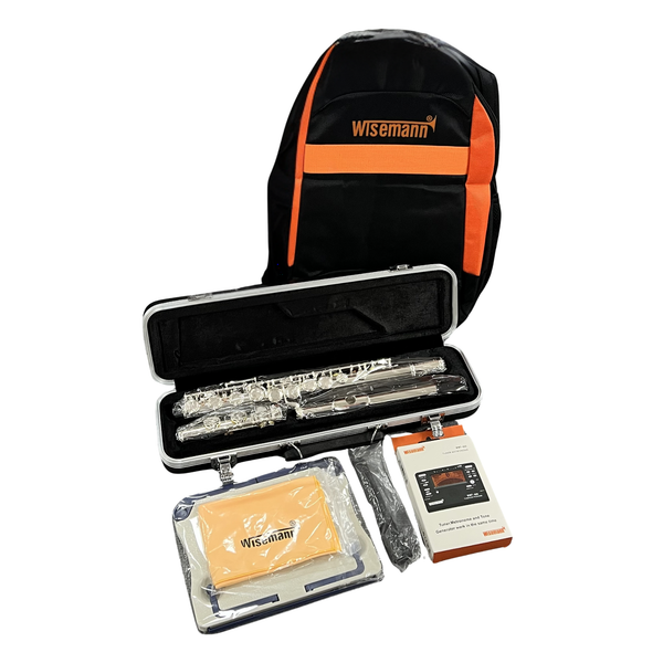 Wisemann TAURUS student flute in silver plated finish, shown with hard ABS flute case and included student accessories.