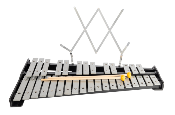 32-note chromatic glockenspiel with silver metal keys on black plastic frame, supplied with nylon beaters and removable music rest.
