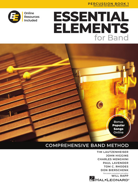 Cover of Essential Elements for Band Percussion Book 1 New Series, compatible with previous editions and designed for beginner percussion students.