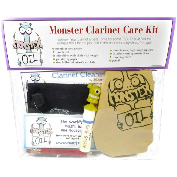 Monster Oil Super Clarinet Care Kit with cleaning swab, cork grease, polishing cloth, pad papers and carry bag.