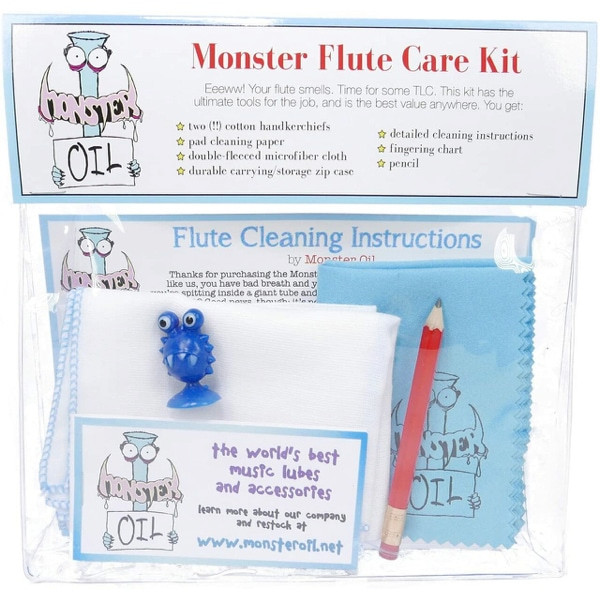 Monster Oil Super Flute Care Kit with colourful packaging, cleaning swabs, pad papers, polishing cloth, fingering chart and carry bag.