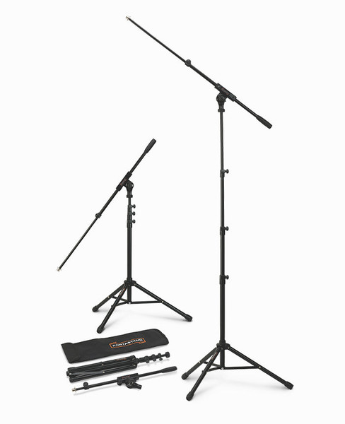 Portastand Compact Microphone Stand with boom and bag. Extends over 180cm with standard 5/8"-27 thread. Portable and gig-ready.