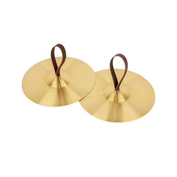 Pair of Powerbeat 10 inch brass hand cymbals with attached black hand straps for school percussion use.