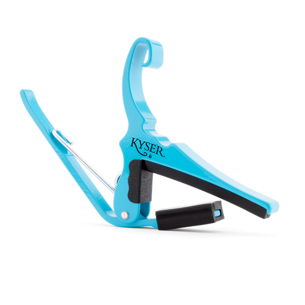 Kyser Quick-Change acoustic guitar capo in Mr Blue Sky blue finish with spring-loaded trigger mechanism.