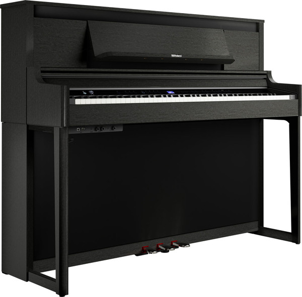 Roland LX-6 digital upright piano in dark rosewood finish with matching bench and hybrid grand keyboard.