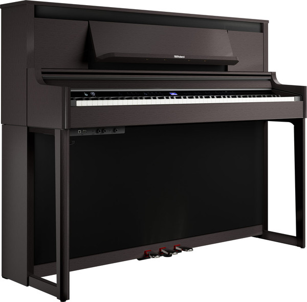 Roland LX-6 digital upright piano in dark rosewood finish with matching bench and hybrid grand keyboard.