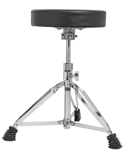 DXP heavy duty drum throne with double-braced legs, worm screw height adjustment and padded seat for comfortable drumming.