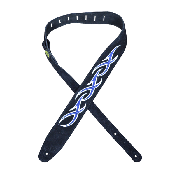 Colonial Leather embroidered suede guitar strap in black with blue and white flame design, featuring 2.5 inch width and adjustable fit for comfort.