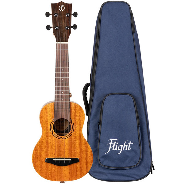 Flight NUS500 solid top ukulele soprano with gig bag front view on white background