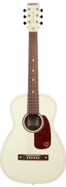 Gretsch Jim Dandy Parlor LTD acoustic guitar in Vintage White with compact parlour body and vintage-inspired styling.