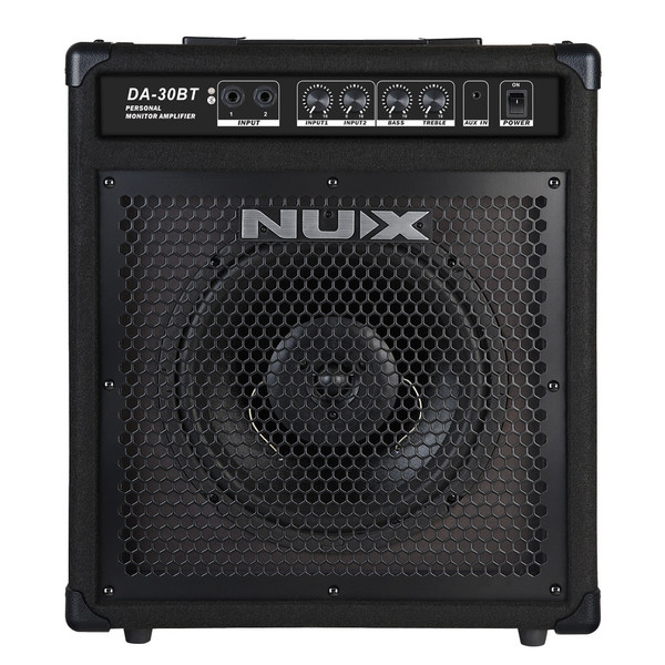 NU-X DA-30BT 30-watt electronic drum amplifier with 10-inch coaxial speaker and Bluetooth connectivity.