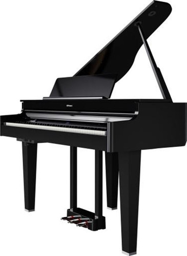Roland GP-6 premium digital baby grand piano in polished ebony finish with matching piano bench.