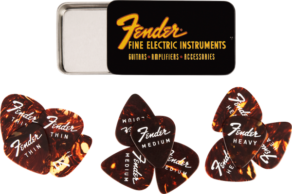 Fender Fine Electric collectible pick tin with 12 tortoiseshell celluloid 351 guitar picks.