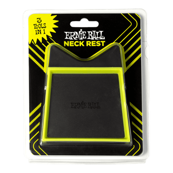 Ernie Ball Guitar Neck Rest with contoured cushioned neck cradle and built-in accessory tray for guitar and bass maintenance.