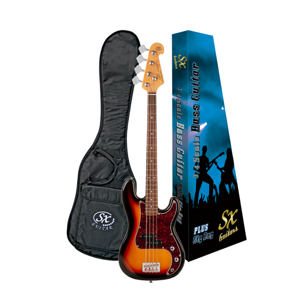 SX Bass Guitar Short Scale 3/4 + Gig Bag - Tobacco Sunburst