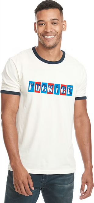 Natural colored Unisex Ringer Crew with Midnight cuffs and FUCKICE graphic