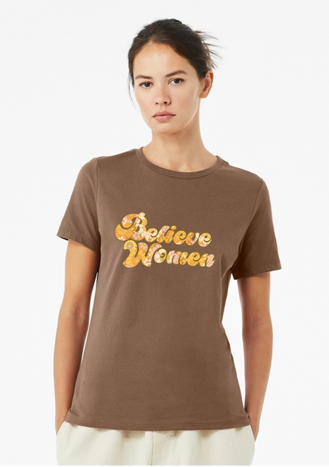 Vintage Brown Women's Relaxed Fit Crew short sleeved shirt with Believe Women graphic