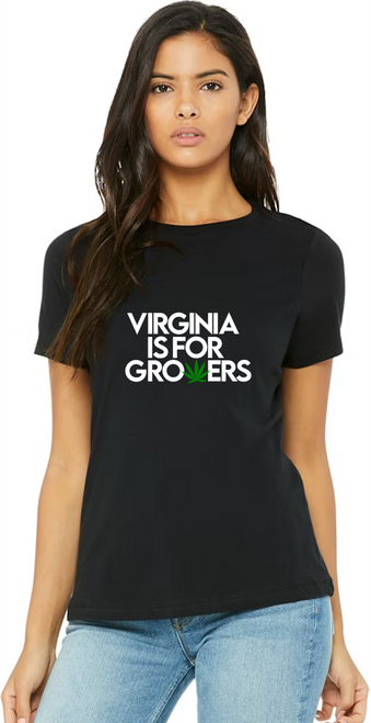 Black Women's Relaxed Fit Crew short sleeved shirt with Virginia is for Growers graphic