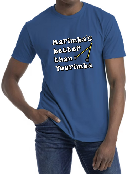 Heather Cool Blue Unisex Crew short sleeve t-shirt with Marimba is better than Yourimba graphic