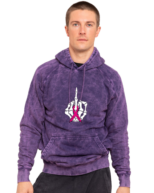 Purple Hoodie with decal of skeleton middle finger with pink ribbon hanging from it