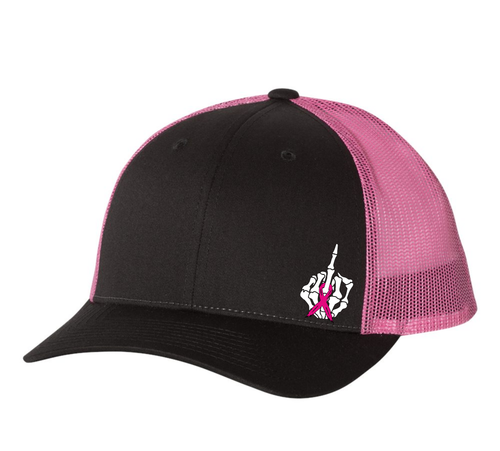 Black/Hot Pink trucker hat with decal of skeleton middle finger with pink ribbon hanging