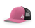 Hot Pint/Black trucker hat with decal of skeleton middle finger with pink ribbon hanging