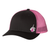 Black/Hot Pink trucker hat with decal of skeleton middle finger with pink ribbon hanging