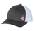 Black/White trucker hat with decal of skeleton middle finger with pink ribbon hanging