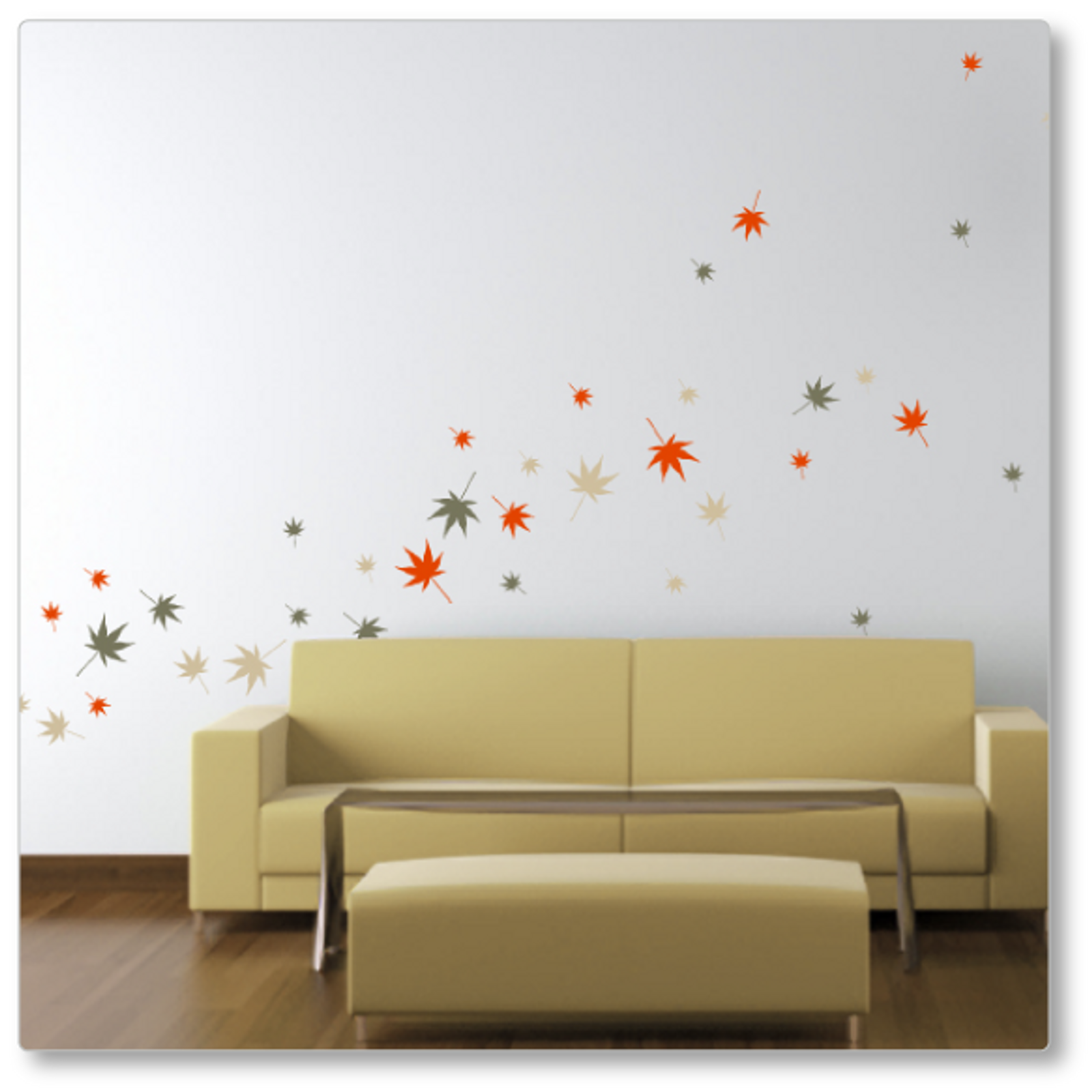 36 Autumn leaves blown by the wind across the wall. Shown here on a neutral wall in the autumn 1 colour pallete.