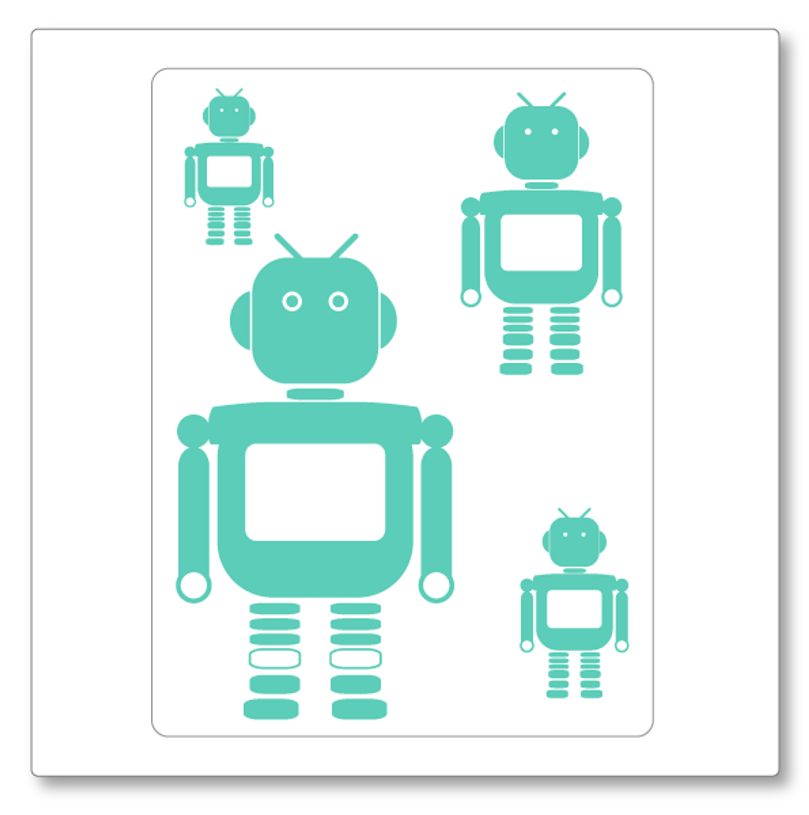 Our boy robots (small) vinyl wall decal set contains four robots of varied size. Shown here in mint on white.