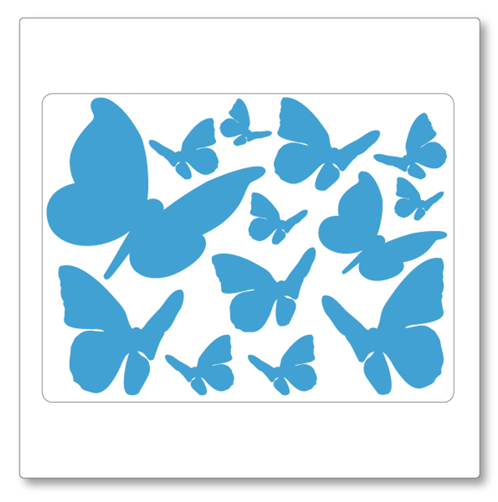 Our butterflies vinyl decal decal contains thirteen butterflies of varying size. Shown here in ice blue on white.
