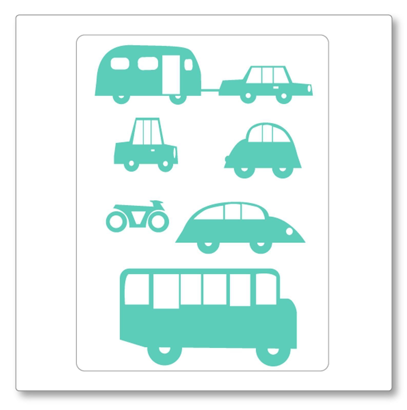 Our cars vinyl wall decal small has three cars, one car and caravan, a bus and a motorbike. Shown here in mint. 