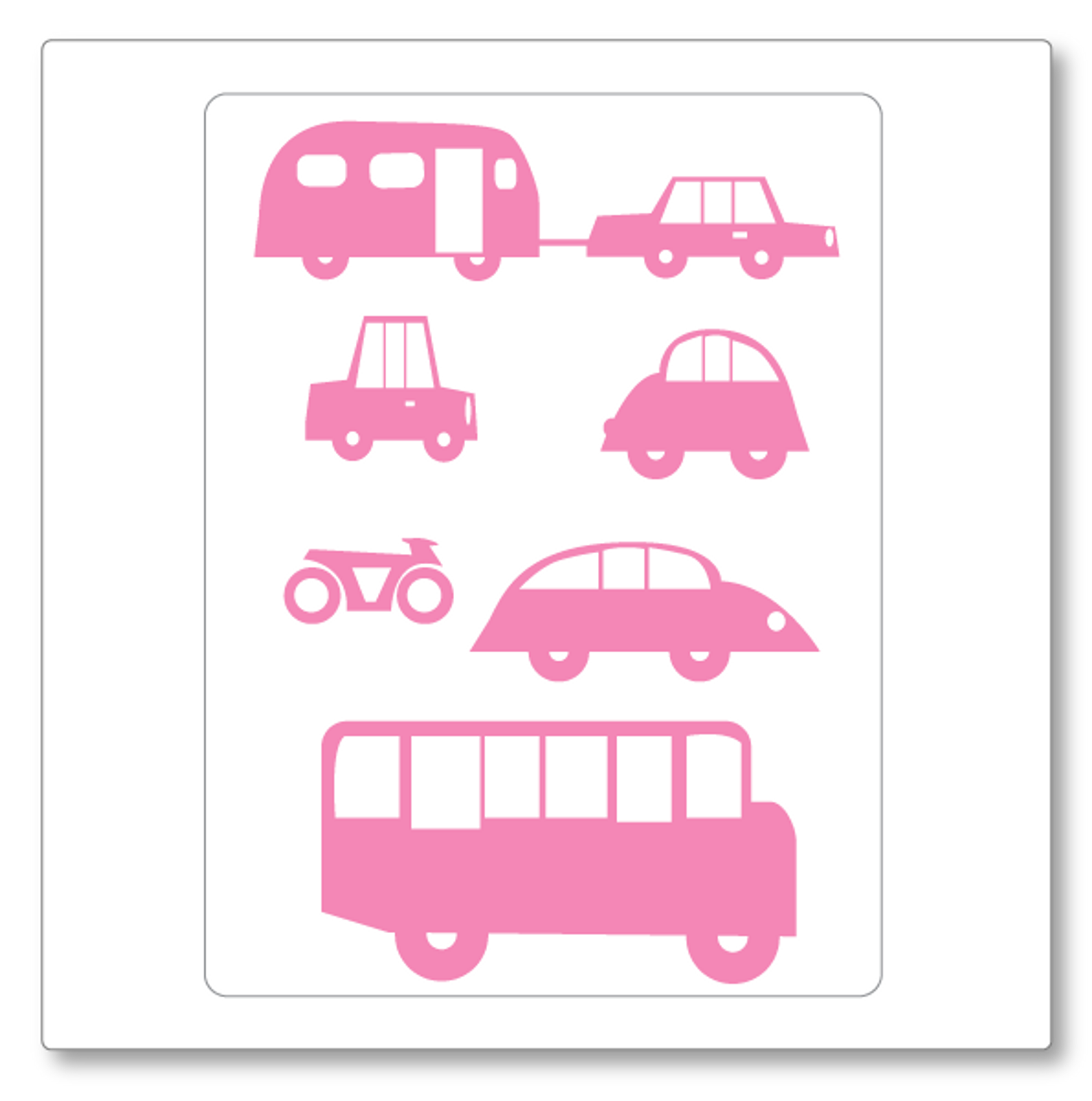 Our cars vinyl wall decal small has three cars, one car and caravan, a bus and a motorbike. Shown here in light pink. 