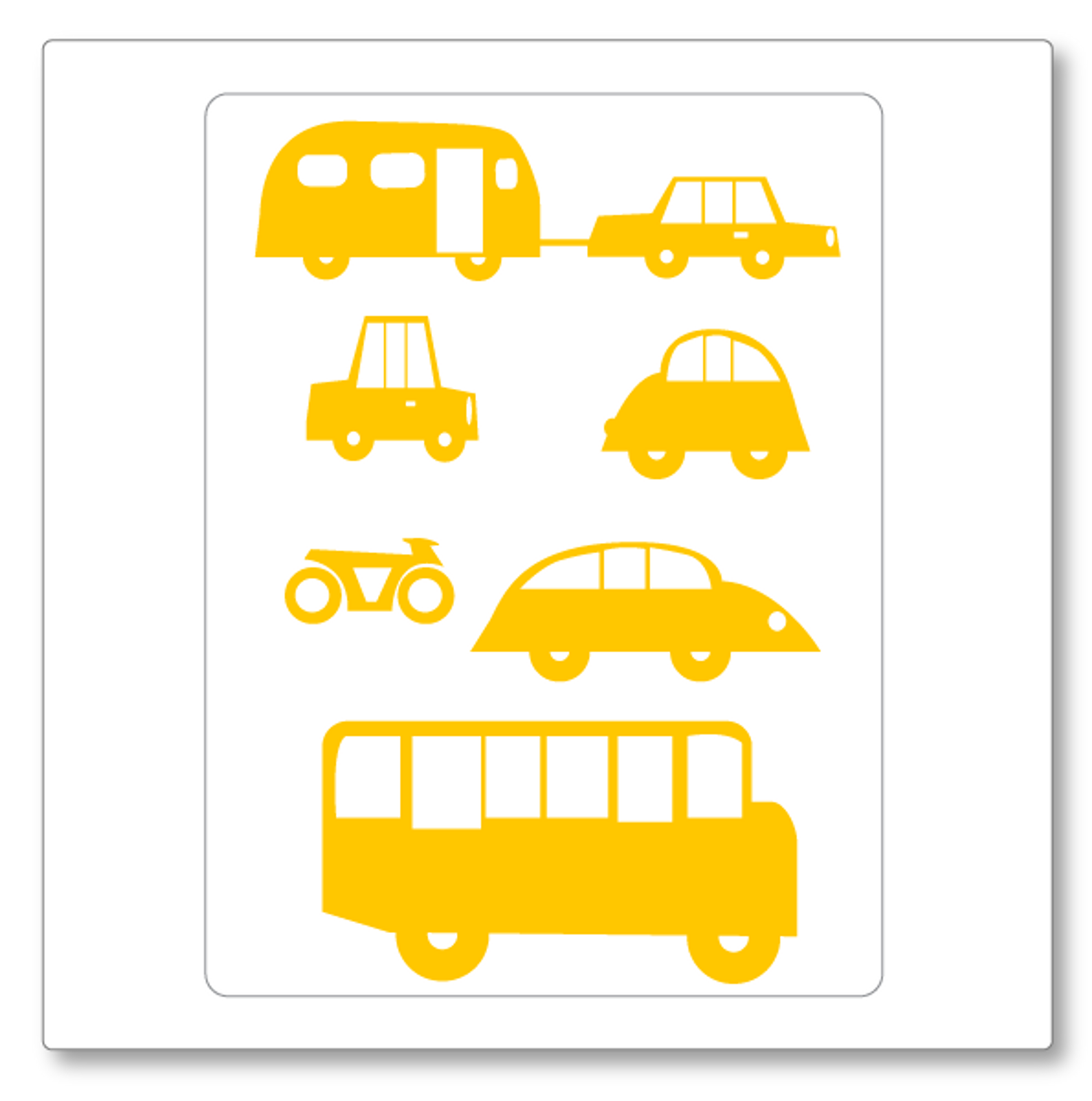 Our cars vinyl wall decal small has three cars, one car and caravan, a bus and a motorbike. Shown here in yellow. 