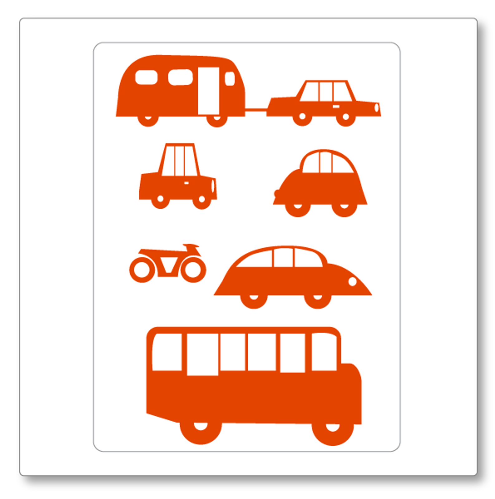 Our cars vinyl wall decal small has three cars, one car and caravan, a bus and a motorbike. Shown here in orange. 