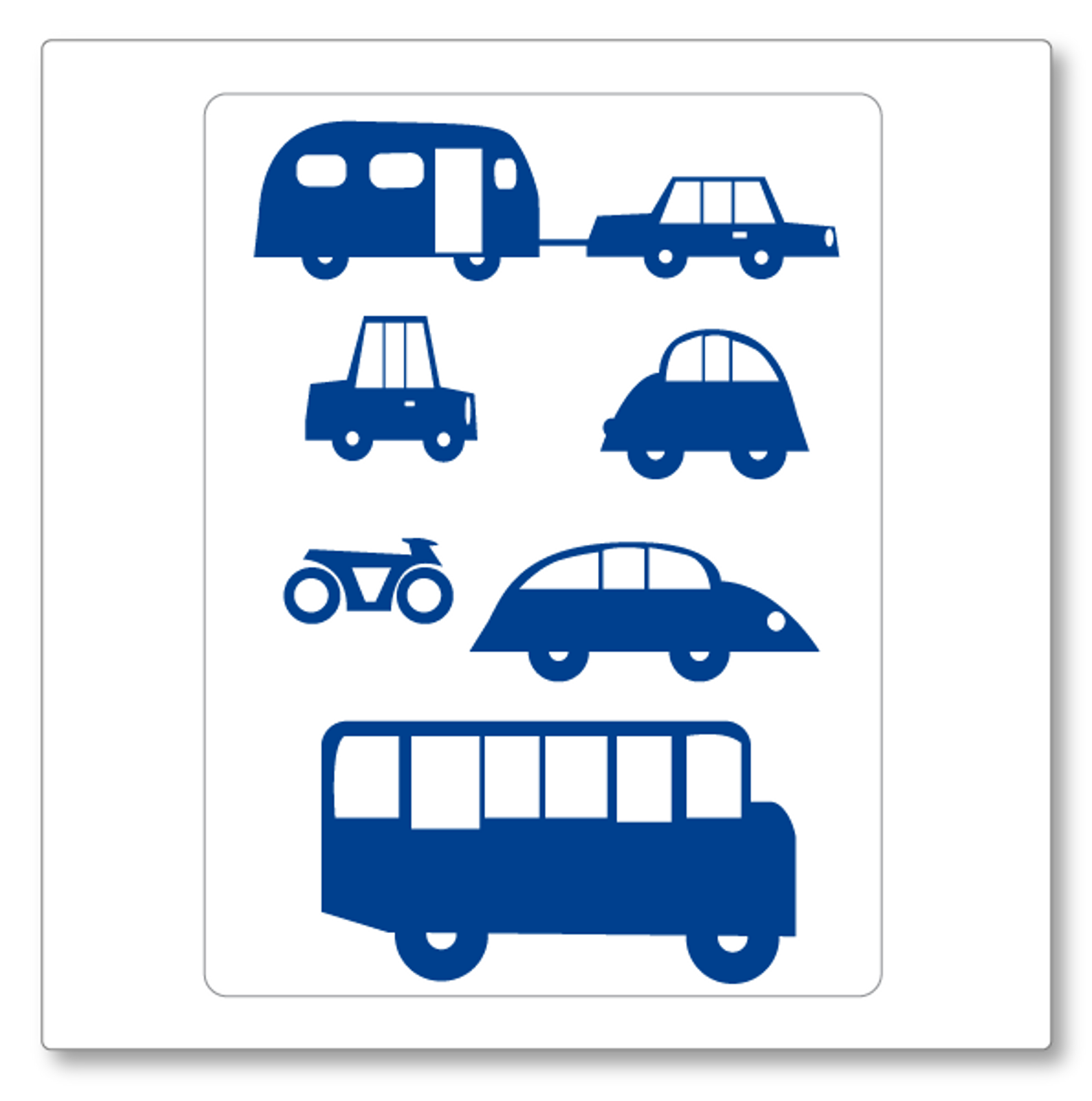 Our cars vinyl wall decal small has three cars, one car and caravan, a bus and a motorbike. Shown here in blue. 